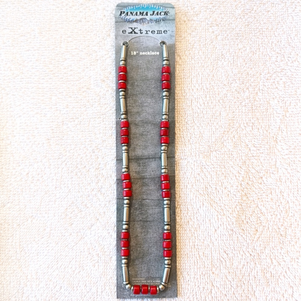 Panama Jack eXtreme 18” Beaded Necklace Red Silver Y2K‎ NOS